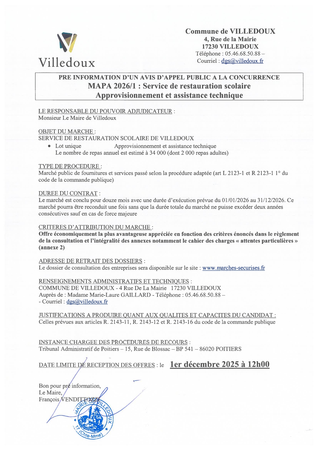MAPA 2026/1 : Restauration Scolaire